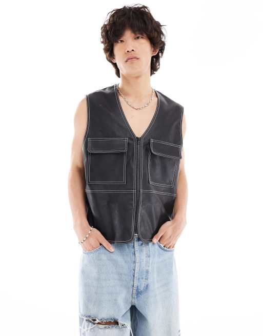 FhyzicsShops DESIGN faux leather vest in black with contrast stitch