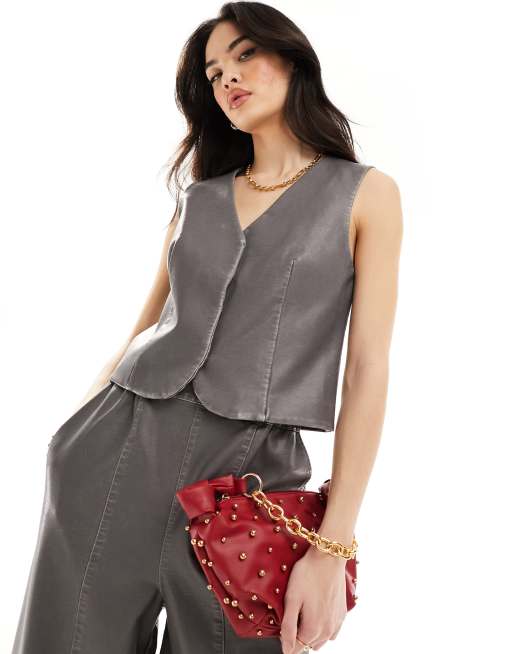 ASOS DESIGN faux leather vest in gray