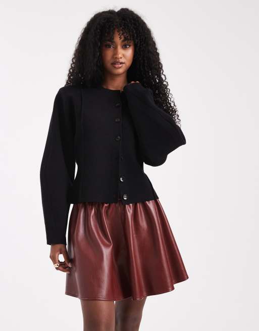 ASOS DESIGN faux leather volume detail mini skirt in burgundy, 3 of 5
