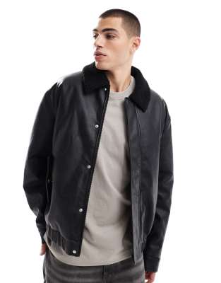 faux leather wadded harrington jacket with borg collar in black