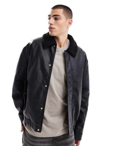 ASOS DESIGN faux leather wadded harrington jacket with borg collar in black - view 1