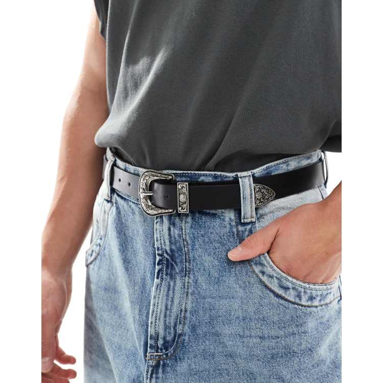  western style belt ASOS DESIGN leather double buckle western waist and hip belt  main image 2