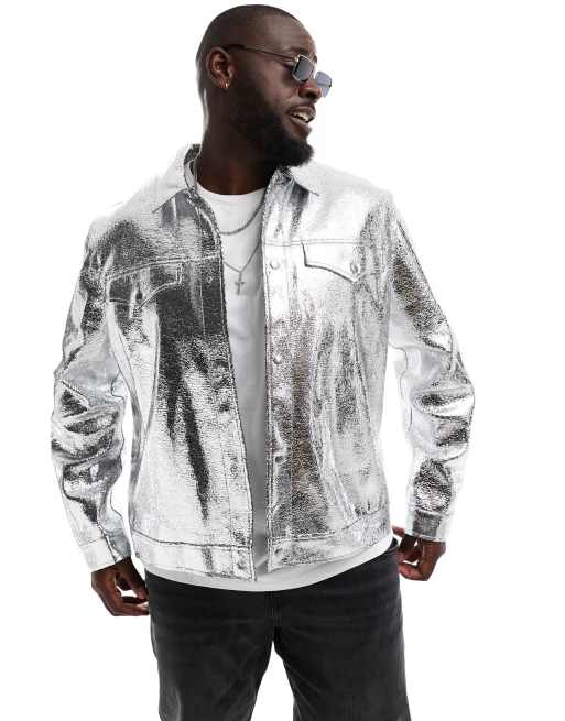 ASOS DESIGN faux leather western jacket in silver crackle, 2 of 4