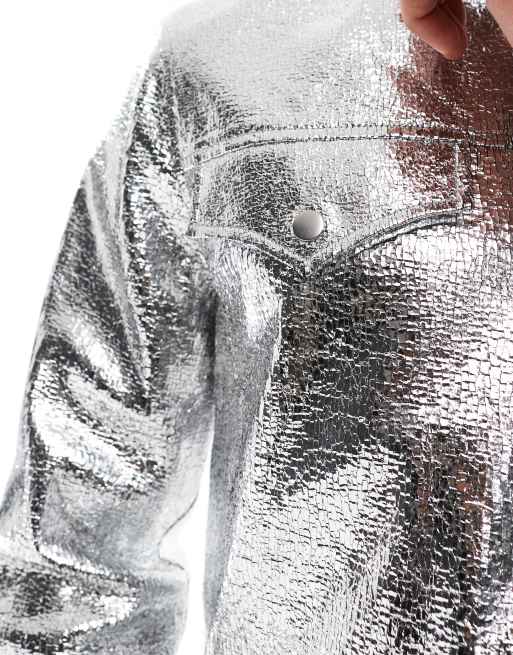 ASOS DESIGN faux leather western jacket in silver crackle, 3 of 4