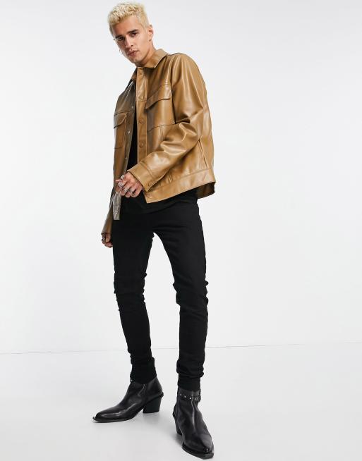 ASOS DESIGN faux leather western jacket in tan ASOS