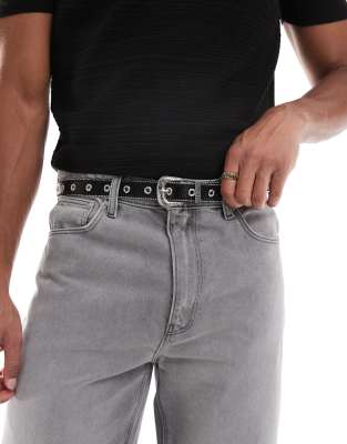 faux leather western skinny belt-Black