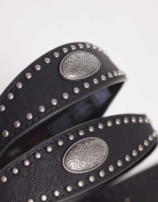 ASOS DESIGN faux-leather western studded belt with engraved texture silver buckle in black, 2 of 3