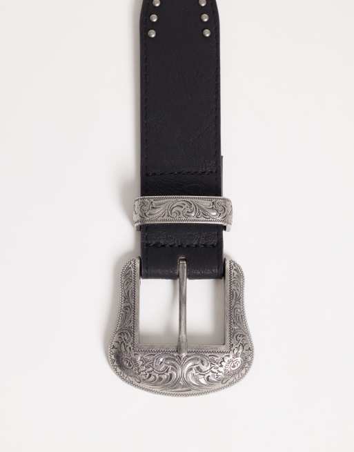 ASOS DESIGN faux-leather western studded belt with engraved texture silver buckle in black, 3 of 3