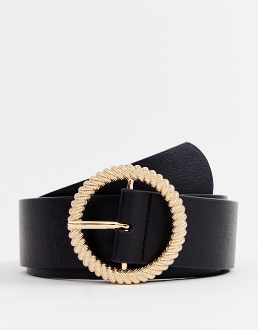 ASOS DESIGN faux leather wide belt in black with gold circle buckle | ASOS