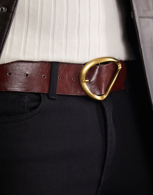 ASOS DESIGN smart leather belt in brown with antique gold buckle