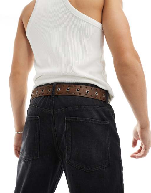 ASOS DESIGN faux leather wide belt with eyelets in washed brown, 3 of 4