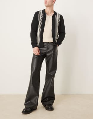 faux leather wide flare pants in black