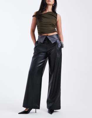 Asos Design Faux Leather Wide Leg Pants With Fold Over Waist Detailing In Black