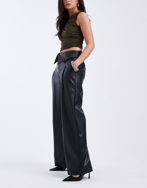 ASOS DESIGN faux leather wide leg pants with fold over waist detailing in black, 2 of 5