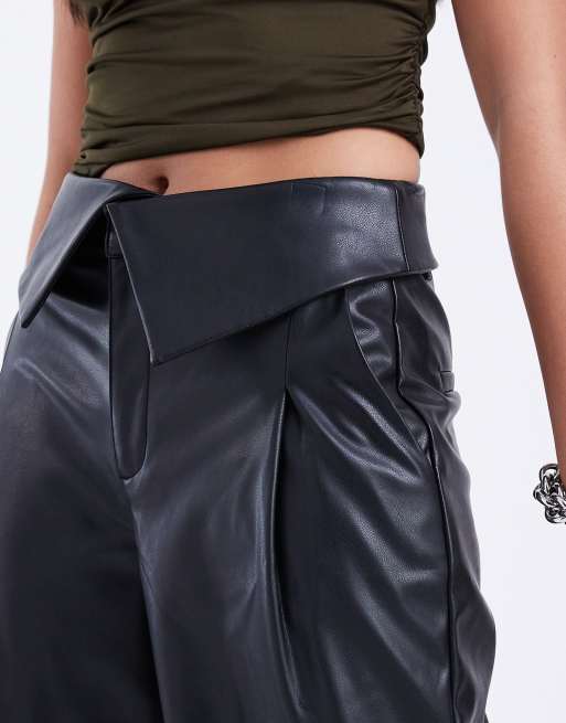ASOS DESIGN faux leather wide leg pants with fold over waist detailing in black, 5 of 5