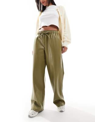 faux leather wide leg pull on pants in olive-Green