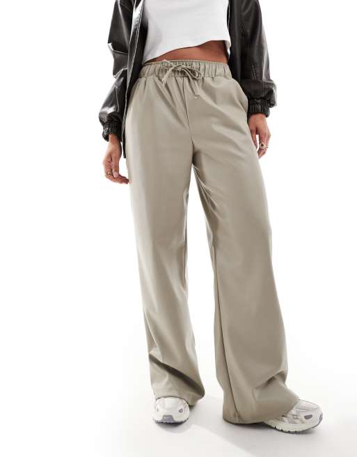 ASOS DESIGN faux leather wide leg pull on pants in stone