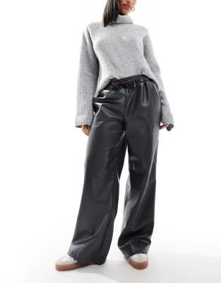 ASOS DESIGN faux leather wide leg pull on trousers in charcoal-Grey