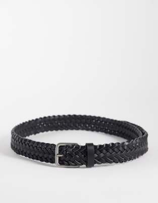 Asos Design Faux Leather Woven Belt With Brushed Silver Buckle In Brown