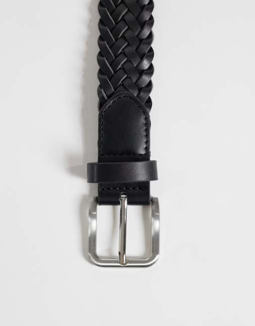 ASOS DESIGN faux leather woven belt with brushed silver buckle in black, 3 of 3