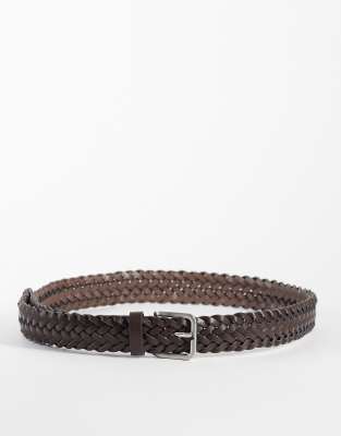 Asos Design Faux Leather Woven Belt With Brushed Silver Buckle In Brown