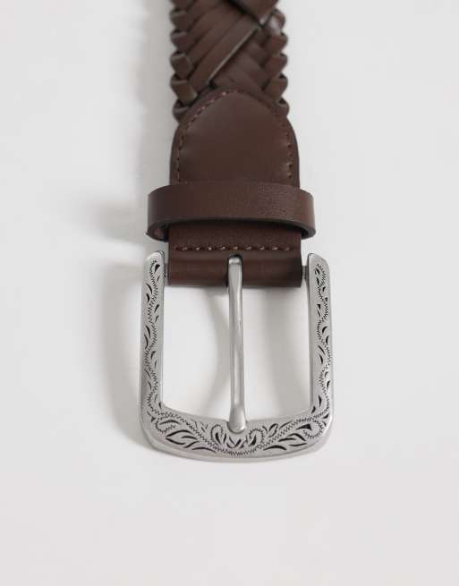 ASOS DESIGN faux leather woven belt with western pattern silver buckle in brown, 3 of 3