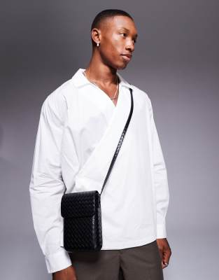 ASOS DESIGN faux leather woven cross body bag in black