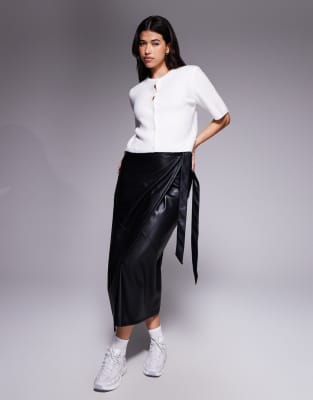 Asos Design Faux Leather Wrap Midi Skirt In Black