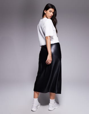 Asos Design Faux Leather Wrap Midi Skirt In Black
