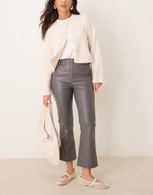 faux leather zip front ankle grazer pants in charcoal-Gray