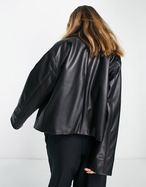 ASOS DESIGN faux leather bomber jacket with collar in black