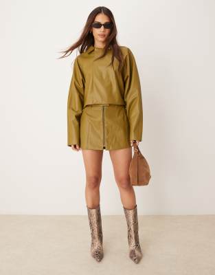 ASOS DESIGN faux leather zip through tailored micro skirt co-ord in olive-Green