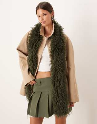 Asos Design Faux Mongolian Fur Scarf In Green