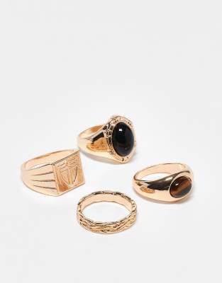 ASOS DESIGN faux onyx and tigers eye 4 pack signet ring set in gold