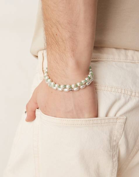 ASOS DESIGN faux pearl and jade chip 2 pack bracelet in cream - view 1