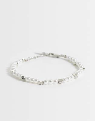 Asos Design Faux Pearl And Star Beaded Bracelet In White