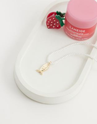 Asos Design Faux-pearl Bead Necklace With Fish Pendant In Gold