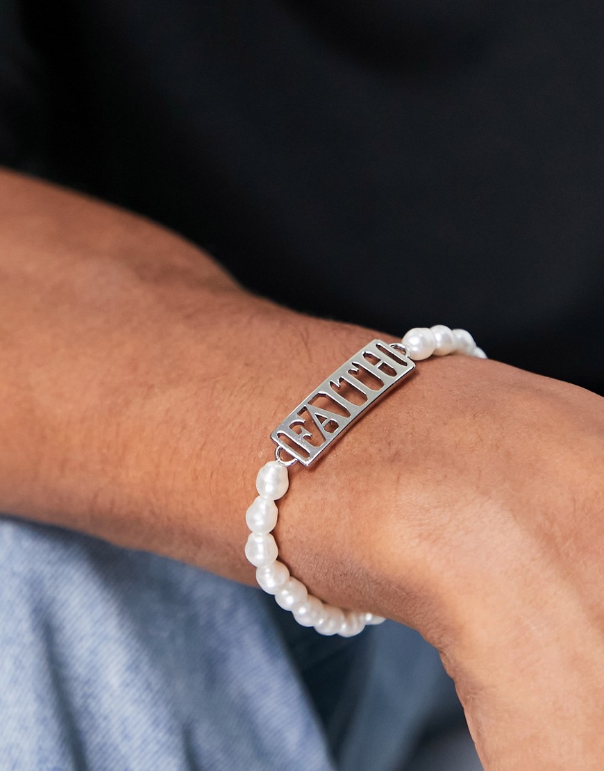 ASOS DESIGN faux pearl beaded bracelet in white with faith slogan tab