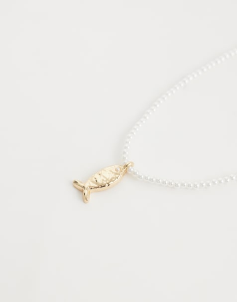 ASOS DESIGN faux-pearl beaded necklace with fish pendant in gold tone - view 1