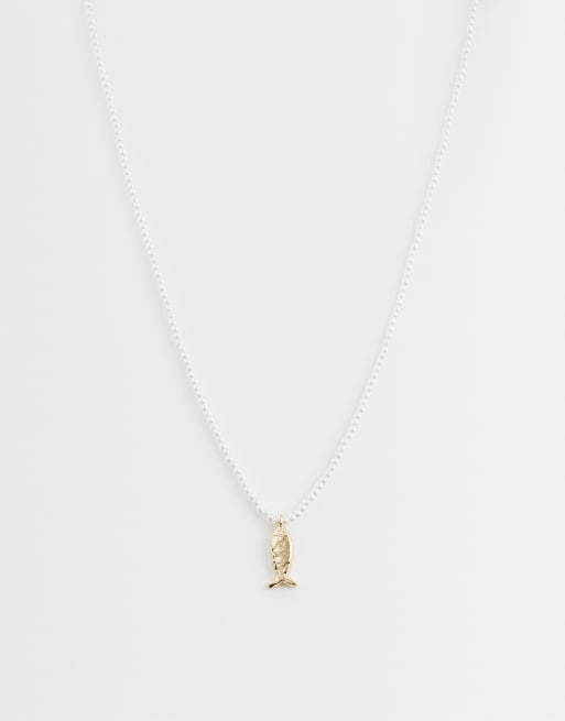 ASOS DESIGN faux-pearl beaded necklace with fish pendant in gold tone, 4 of 4