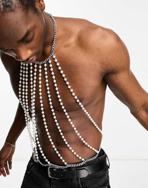 ASOS DESIGN faux pearl body harness in silver tone