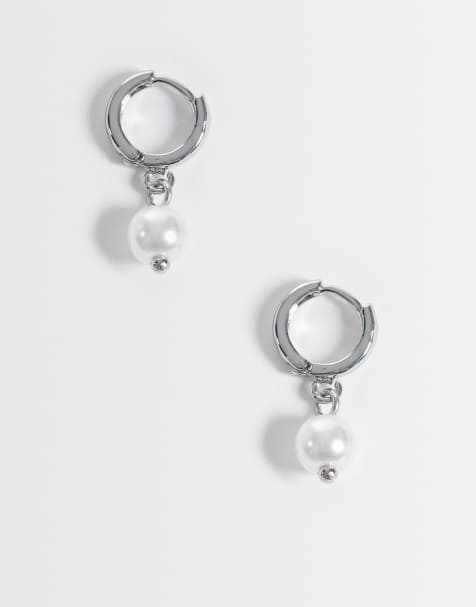 ASOS DESIGN faux pearl drop huggie hoop earrings in silver tone - view 1