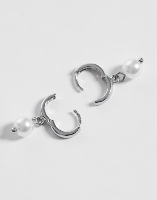 ASOS DESIGN faux pearl drop huggie hoop earrings in silver tone, 4 of 4