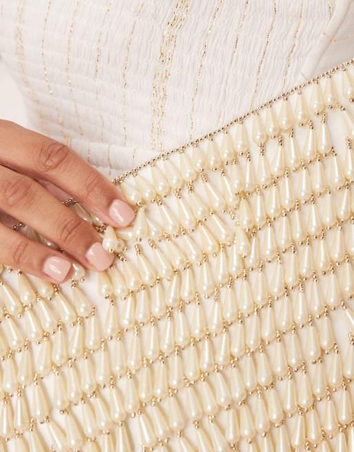 ASOS DESIGN faux pearl droplet zip top clutch bag in cream