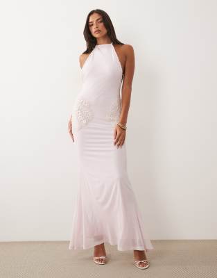 Asos Design Faux-pearl Embellished Mesh Maxi Dress With Encrusted Shells In Pink