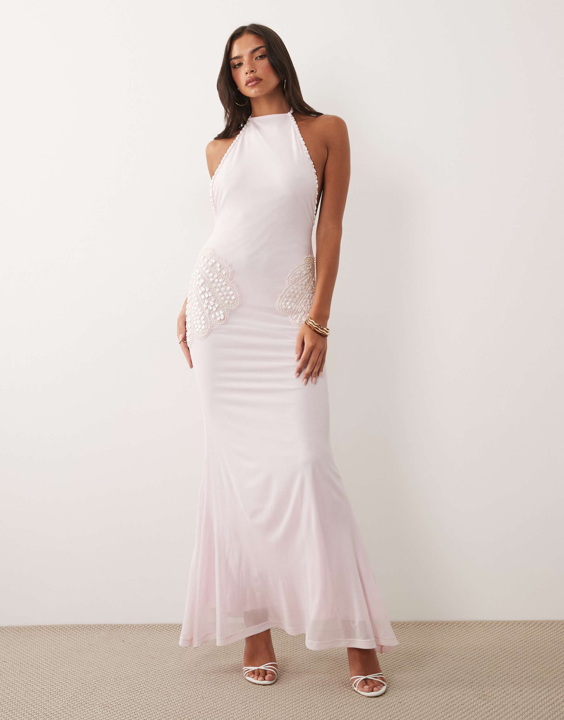 asos design faux-pearl embellished mesh maxi dress with encrusted shells in pink
