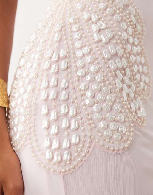 ASOS DESIGN faux-pearl embellished mesh maxi dress with encrusted shells in pink, 4 of 4