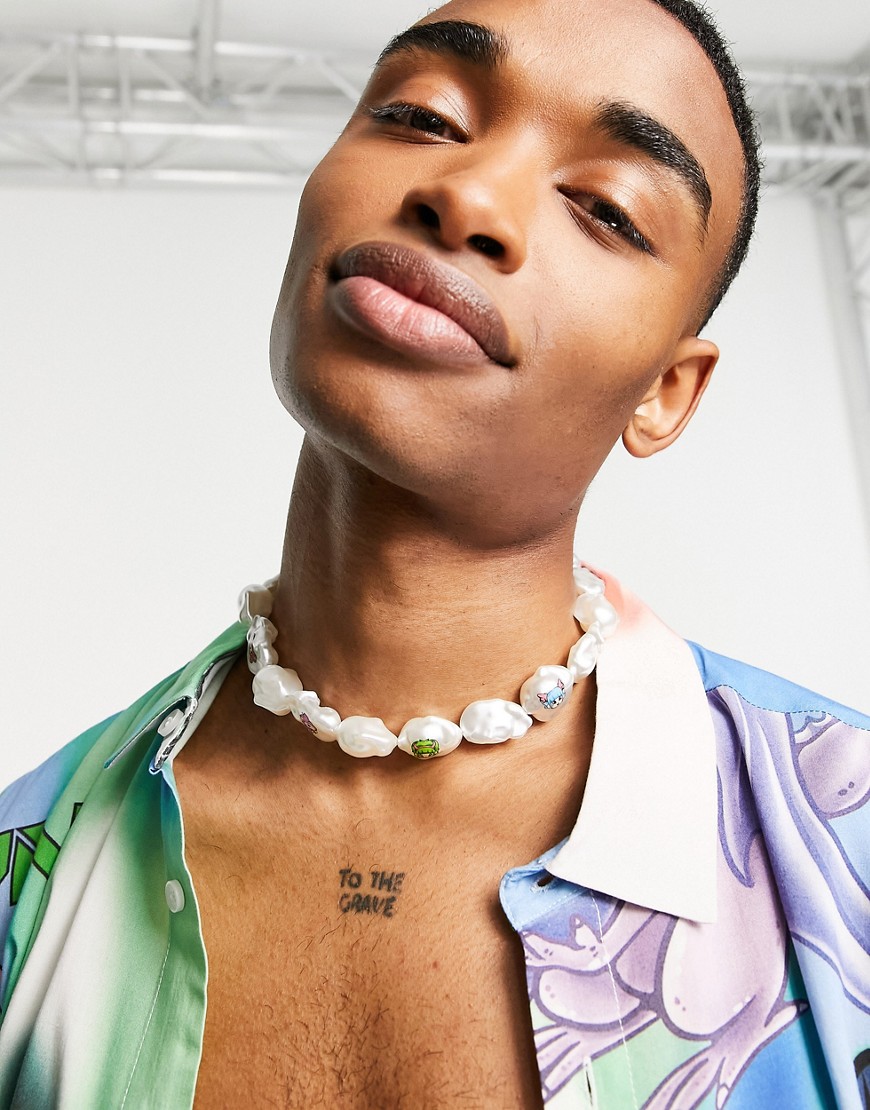 ASOS DESIGN faux pearl neckchain with printed anime design-Multi