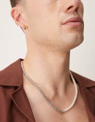 Asos Design Faux Pearl Necklace With Chain In Silver Tone