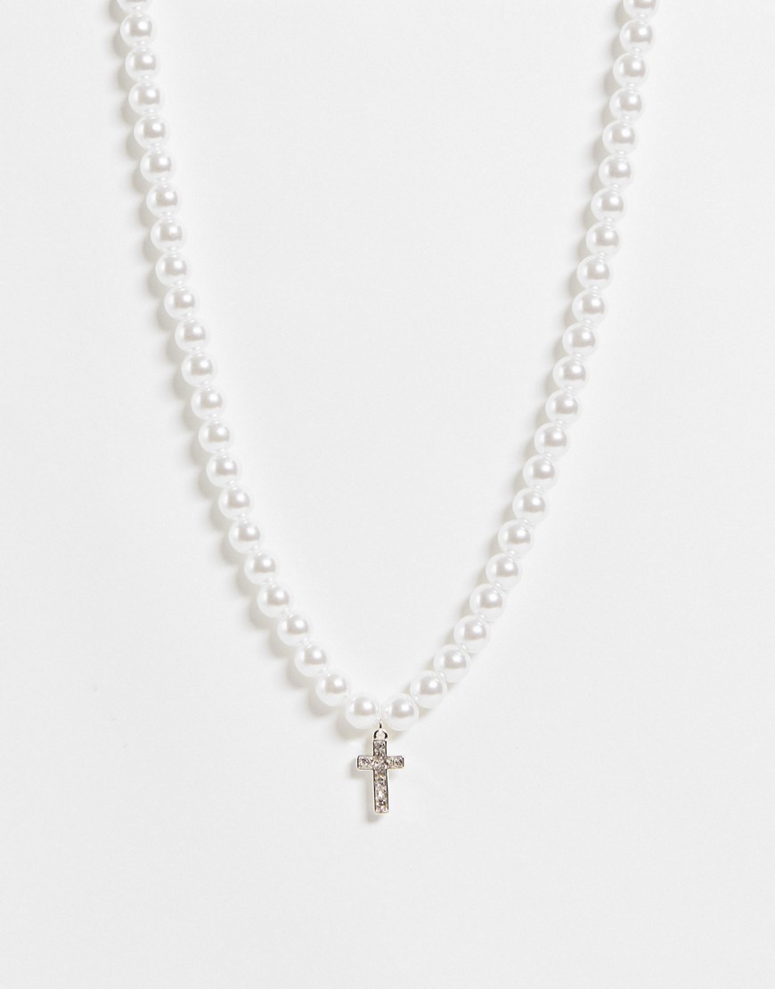 ASOS DESIGN faux pearl necklace with cross pendant design-White